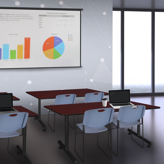 Island Oasis 30" Training Table in Mahogany with 2 Blue Zeng Stack Chairs Combining Rich Wood Tones with Comfortable, Stackable Seating