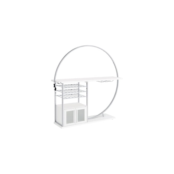 Island Oasis Home Bar Table LED Light Cabinets Wine Storage White Chrome Metal Frame Three Tier Bottle Storage and Stemware Rack