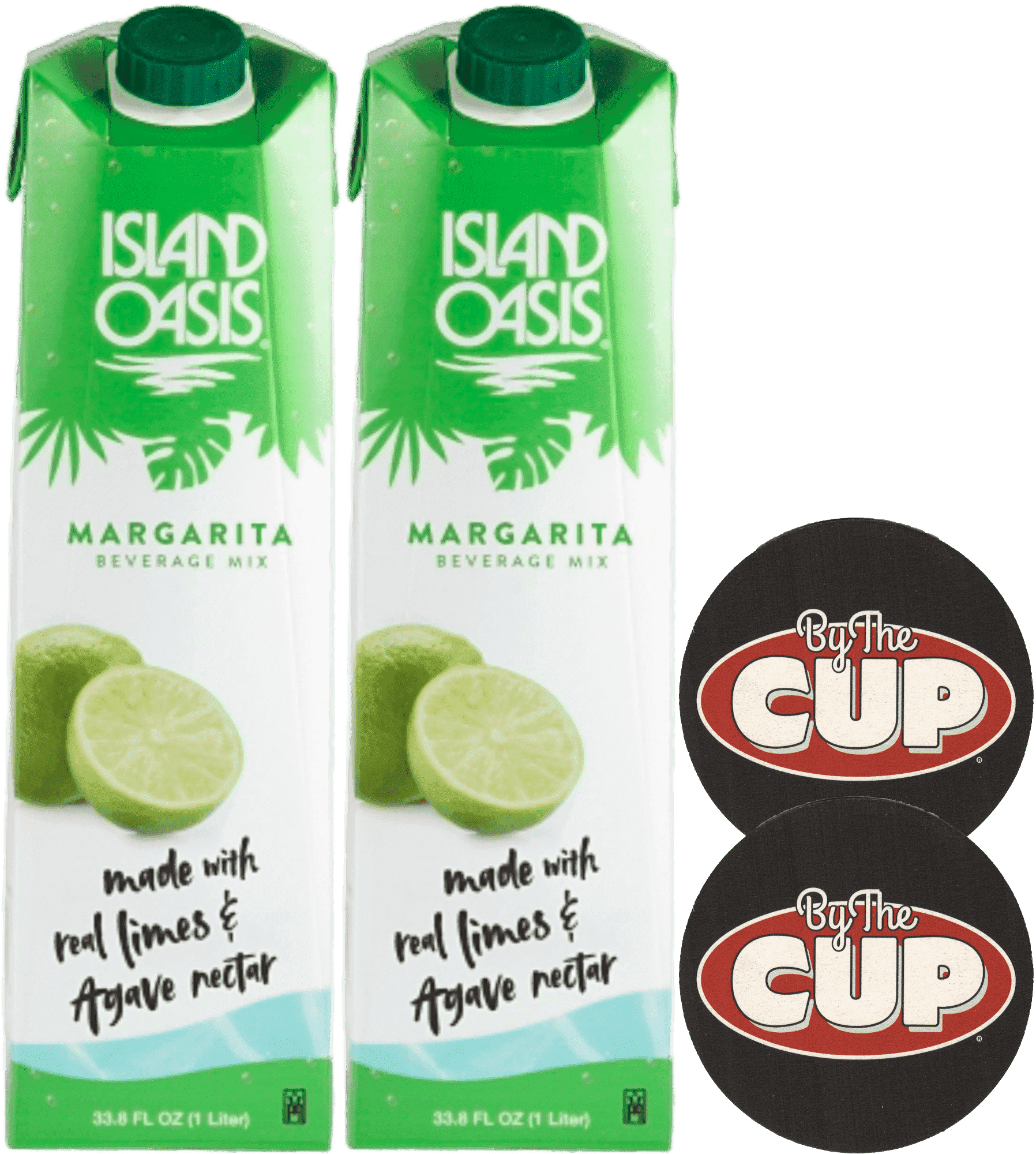 Island Oasis Margarita Beverage Mix, 1 Liter (Pack of 2) with By The Cup Coasters