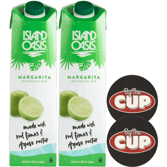 Island Oasis Margarita Beverage Mix, 1 Liter (Pack of 2) with By The Cup Coasters