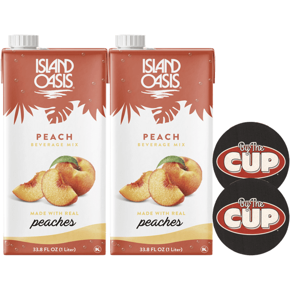 Island Oasis Peach Fruit Puree Beverage Mix, 1 Liter (Pack of 2) with By The Cup Coasters