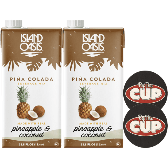 Island Oasis Pina Colada Fruit Puree Beverage Mix, 1 Liter (Pack of 2) with By The Cup Coasters