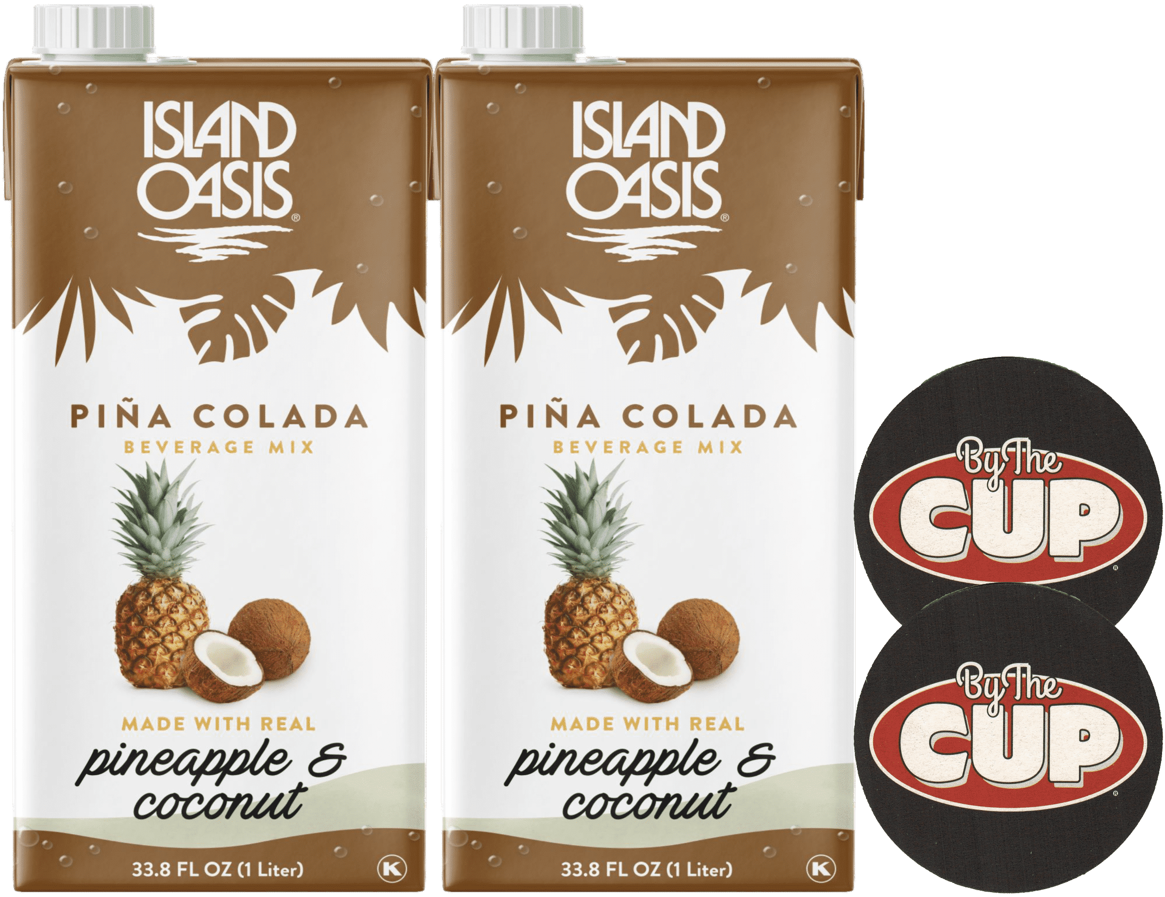 Island Oasis Pina Colada Fruit Puree Beverage Mix, 1 Liter Carton (pack of 2) with By The Cup Coasters