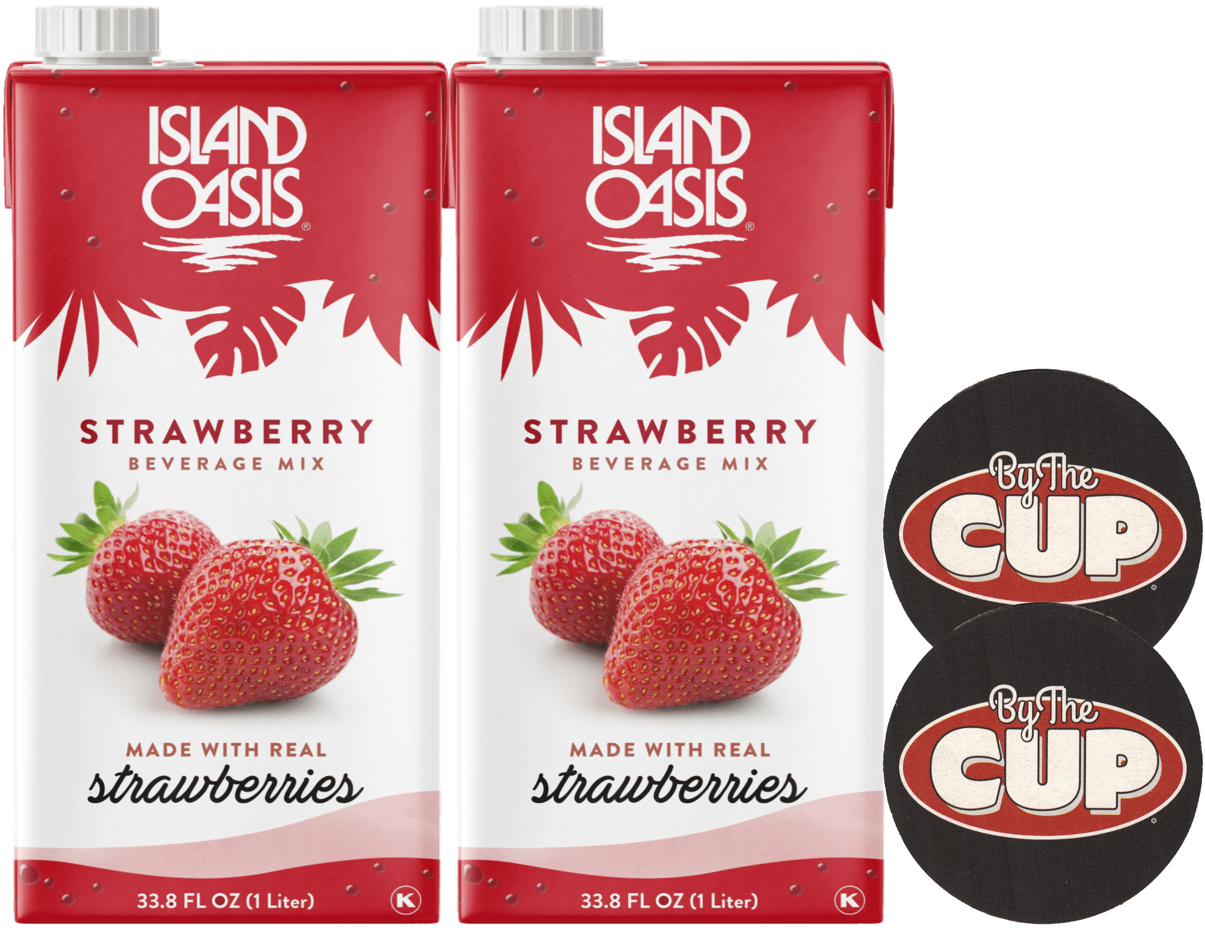 Island Oasis Strawberry Fruit Puree, 1 Liter Carton (pack of 2) with By The Cup Coasters