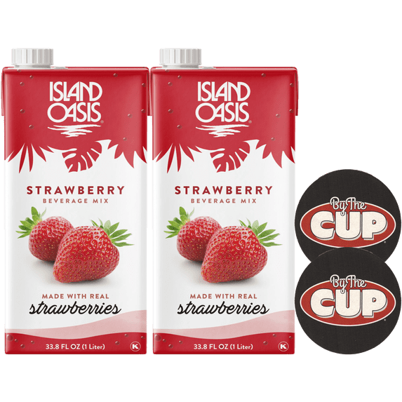Island Oasis Strawberry Fruit Puree, 1 Liter Carton (pack of 2) with By The Cup Coasters
