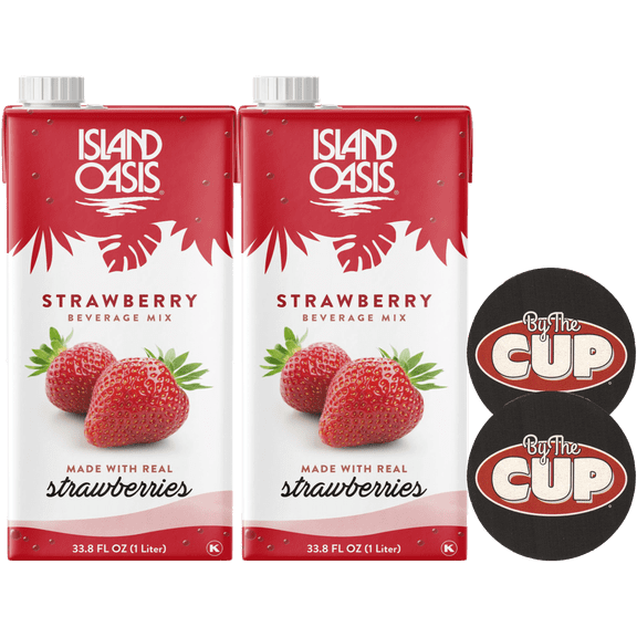 Island Oasis Strawberry Fruit Puree, 1 Liter (Pack of 2) with By The Cup Coasters