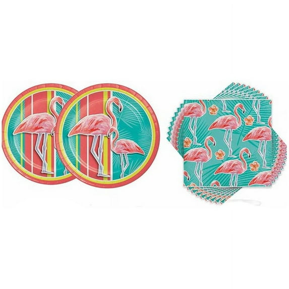 Island Oasis Tropical Flamingo Party Supplies Bundle with Plates, Napkins, for 16 Guests