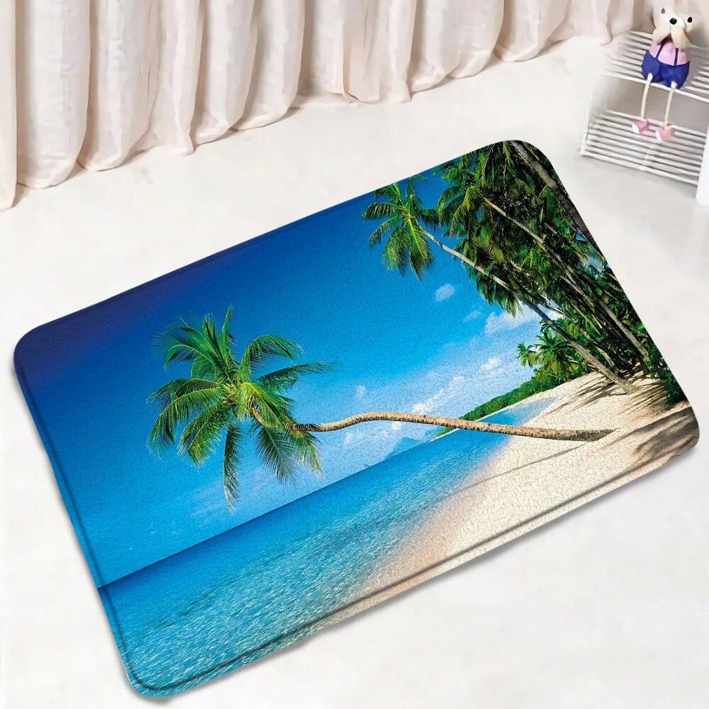 Island Ocean Bath Mat Set Sailboat Dusk Beach Coconut Tree Surfboard