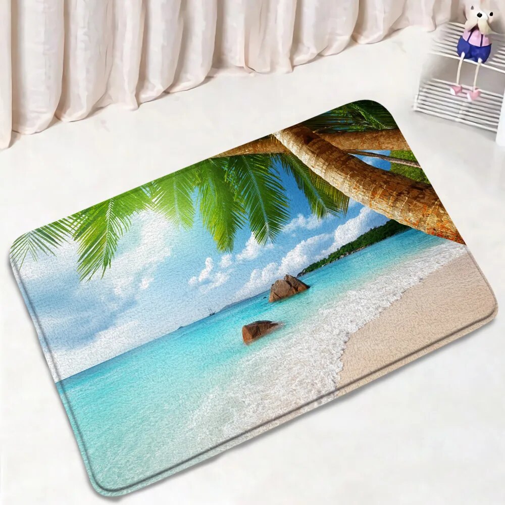 Island Ocean Bath Mat Set Sailboat Dusk Beach Coconut Tree Surfboard