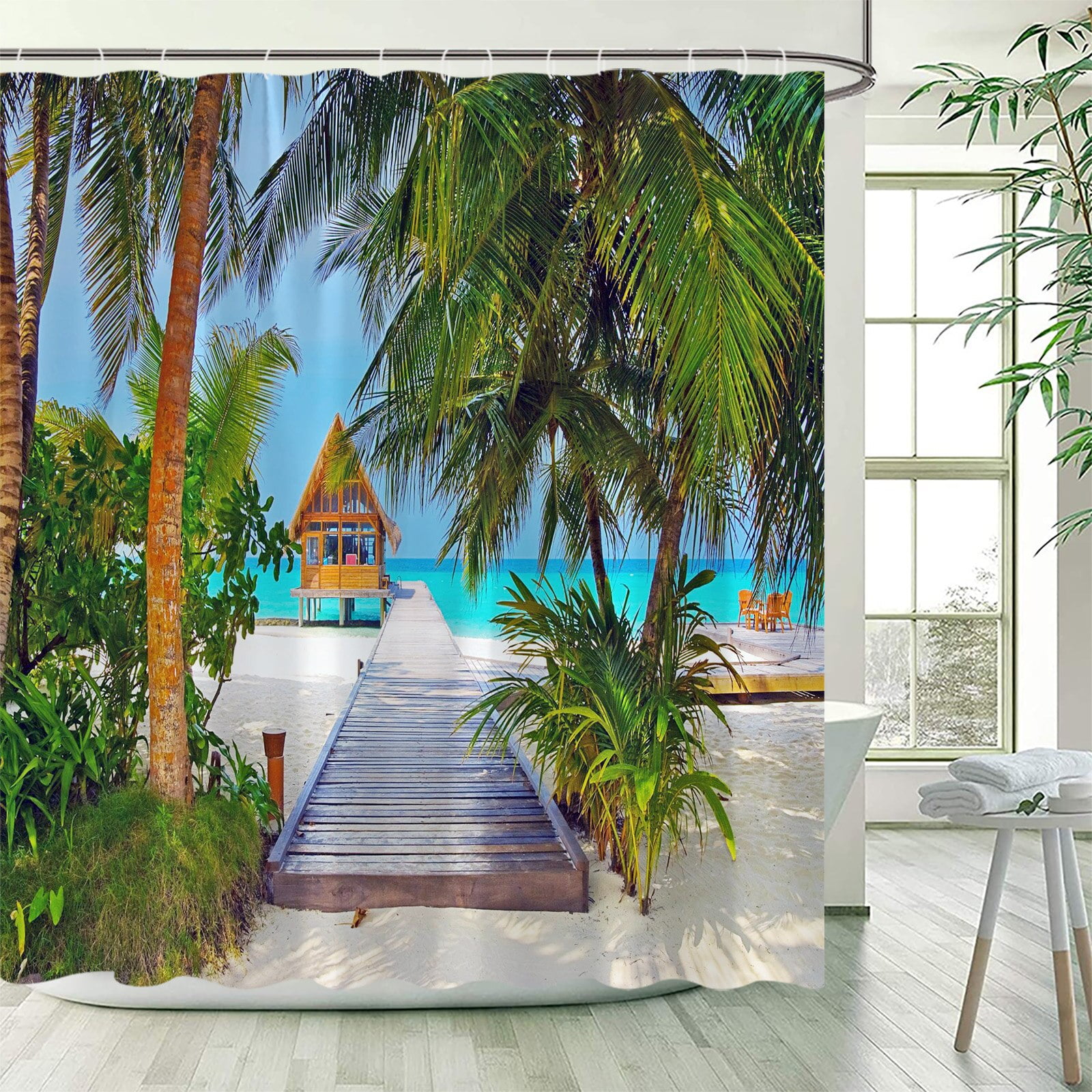 Island Ocean Shower Curtain Beach Coconut Tree Hawaiian Nature Landscape Garden Wall Hanging