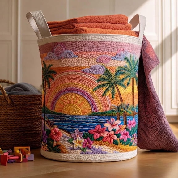 Island Paradise Quilted Laundry Basket: Tropical Storage Bin, Summer Vibes Hamper