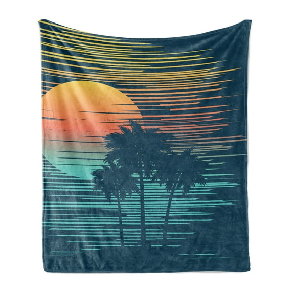 Island Party Soft Flannel Fleece Throw Blanket, Evening Sun Sea Tropical Skyline Digital Holiday Graphic, Cozy Plush for Indoor and Outdoor Use, 70" x 90", Petrol Blue Orange, by Ambesonne