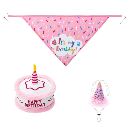 Island Paws - Birthday Cake Squeaky Dog Toy Set Color with Birthday Hat and Dog Birthday Scarf