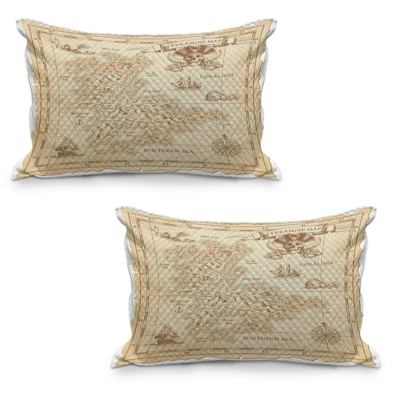 Island Quilted Pillowcover Set of 2, Old Antique Treasure Map Details Retro Color Adventure Sailing Pirate Print, Standard Queen Size Pillow Cover for Bedroom, 36" x 20", Cream, by Ambesonne