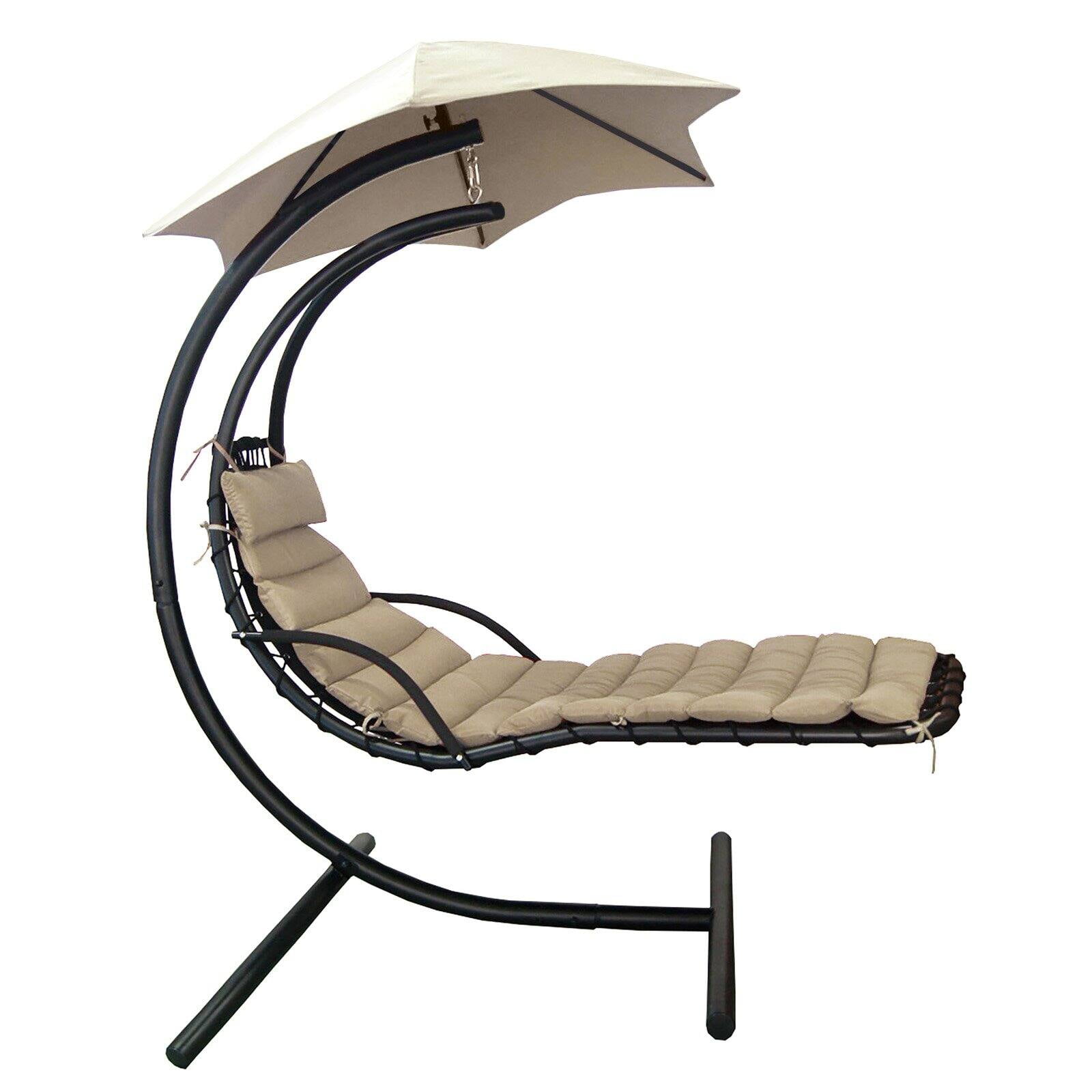 Khaki Hanging Chaise Lounge Chair with Cushions and Umbrella