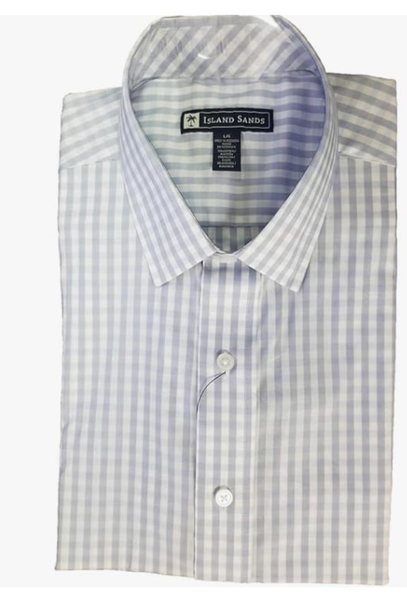 Long Sleeve Sport Shirt - Spread Collar Classic Fit - Performance Stretch Fabric (Light Blue Gingham, Large)