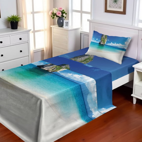 Ambesonne Scenery Fitted & Top Sheet Set with Sham, Exotic Coastline, Blue White Cream
