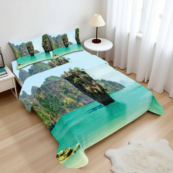 Ambesonne Island Fitted & Top Sheet Set with Shams, Beach Cruising Landscape Art, Green Brown