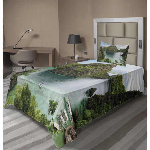 Ambesonne Landscape Fitted & Top Sheet Set with Sham, Cliff in Philippines, Green Brown Blue