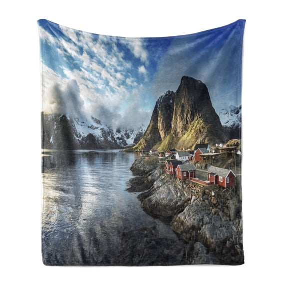 Island Soft Flannel Fleece Blanket, Fishing Hut Photo in Autumn with Rocks and Clouds Scenery Northern Norway Cold, Cozy Plush for Indoor and Outdoor Use, 50" x 70", Blue Grey White, by Ambesonne