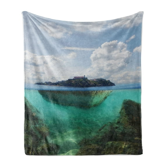 Island Soft Flannel Fleece Blanket, Floating Rock and Lighthouse in Crystal Clear Atlantic Water Mist Nature Photo, Cozy Plush for Indoor and Outdoor Use, 70" x 90", Blue Grey White, by Ambesonne