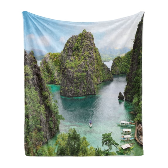 Island Soft Flannel Fleece Blanket, Landscape of Majestic Cliff in Philippines Wild Hot Nature Resort Off Picture, Cozy Plush for Indoor and Outdoor Use, 50" x 70", Green Brown Blue, by Ambesonne
