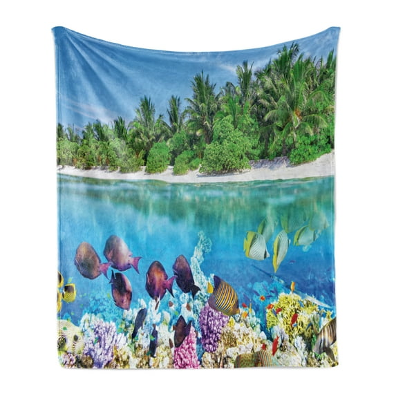 Island Soft Flannel Fleece Blanket, Sandy Seacoast the Underwater Aquatic World in Maldives Travel Diving Paradise Photo, Cozy Plush for Indoor and Outdoor Use, 70" x 90", Multicolor, by Ambesonne