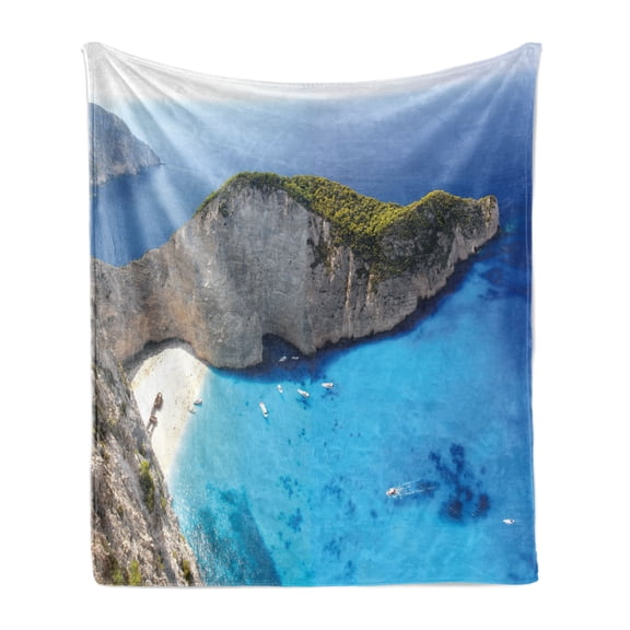 Island Soft Flannel Fleece Throw Blanket, Aerial View Landscape Image Art of Sunny Navagio Beach on Coast of Zakynthos, Cozy Plush for Indoor and Outdoor Use, 50" x 60", Multicolor, by Ambesonne