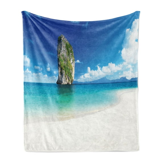 Island Soft Flannel Fleece Throw Blanket, Big Tall Poda Cliff Rock in the Sea in Coastline Exotic Vacation Scene, Cozy Plush for Indoor and Outdoor Use, 50" x 70", Blue White Cream, by Ambesonne