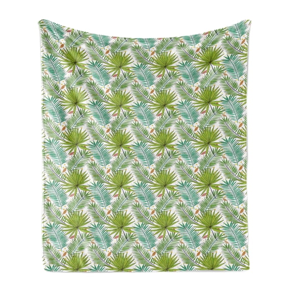 Island Soft Flannel Fleece Throw Blanket, Fern Leaves Sketch Style Illustration with Yellow Dots and Pastel Colored Foliage, Cozy Plush for Indoor and Outdoor Use, 50" x 70", Multicolor, by Ambesonne