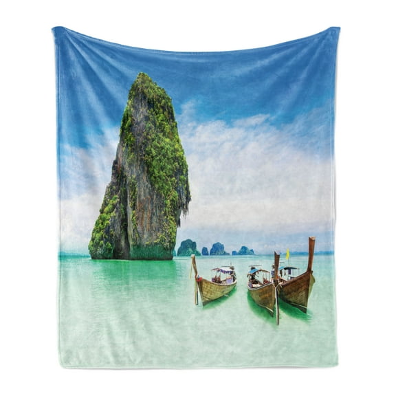 Island Soft Flannel Fleece Throw Blanket, Limestone Rock in the Sea Boats Tranquil Heaven Coast Horizon Off Nature Photo, Cozy Plush for Indoor and Outdoor Use, 50" x 70", Multicolor, by Ambesonne