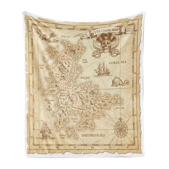 Island Soft Flannel Fleece Throw Blanket, Old Antique Treasure Map Details Retro Color Adventure Sailing Pirate Print, Cozy Plush for Indoor and Outdoor Use, 70" x 90", Cream, by Ambesonne