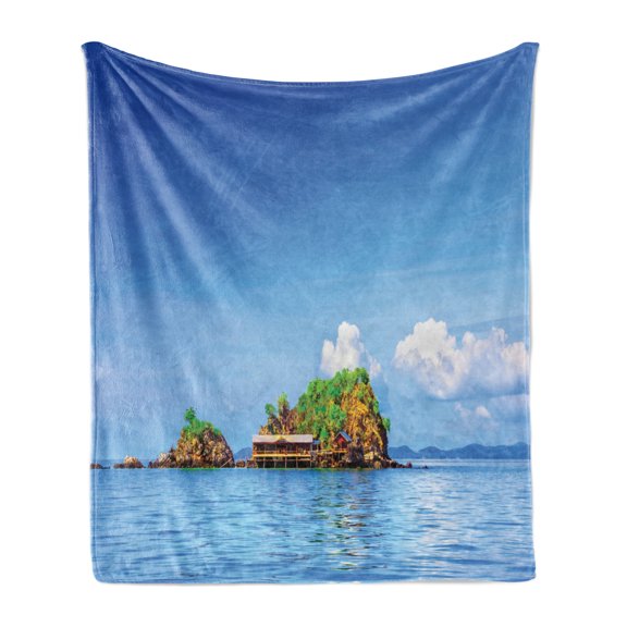 Island Soft Flannel Fleece Throw Blanket, Photo of Tropic Islands in the Pacific Sea Vivid Sky View Peaceful Idyllic, Cozy Plush for Indoor and Outdoor Use, 50" x 70", Blue White, by Ambesonne