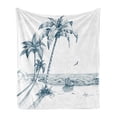 thumbnail image 1 of Island Soft Flannel Fleece Throw Blanket, Sketch Art of a Tropical Seaside Palm Trees Fishing Boat Flying Birds, Cozy Plush for Indoor and Outdoor Use, 60" x 80", Petrol Blue White, by Ambesonne, 1 of 6