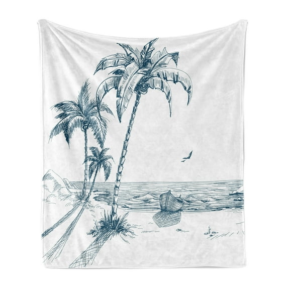 Island Soft Flannel Fleece Throw Blanket, Sketch Art of a Tropical Seaside Palm Trees Fishing Boat Flying Birds, Cozy Plush for Indoor and Outdoor Use, 70" x 90", Petrol Blue White, by Ambesonne