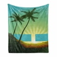 thumbnail image 1 of Island Soft Flannel Fleece Throw Blanket, Sunrise in a Tropical Place and Palm Trees Silhouettes Illustration Art, Cozy Plush for Indoor and Outdoor Use, 60" x 80", Seafoam Lime Green, by Ambesonne, 1 of 6