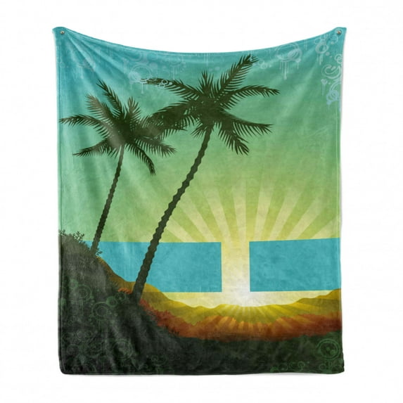 Island Soft Flannel Fleece Throw Blanket, Sunrise in a Tropical Place and Palm Trees Silhouettes Illustration Art, Cozy Plush for Indoor and Outdoor Use, 70" x 90", Seafoam Lime Green, by Ambesonne