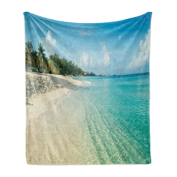 Island Soft Flannel Fleece Throw Blanket, White Coral Sand Seven Mile Beach in Grand Cayman Island Art Print, Cozy Plush for Indoor and Outdoor Use, 50" x 70", Sky Blue and Multicolor, by Ambesonne