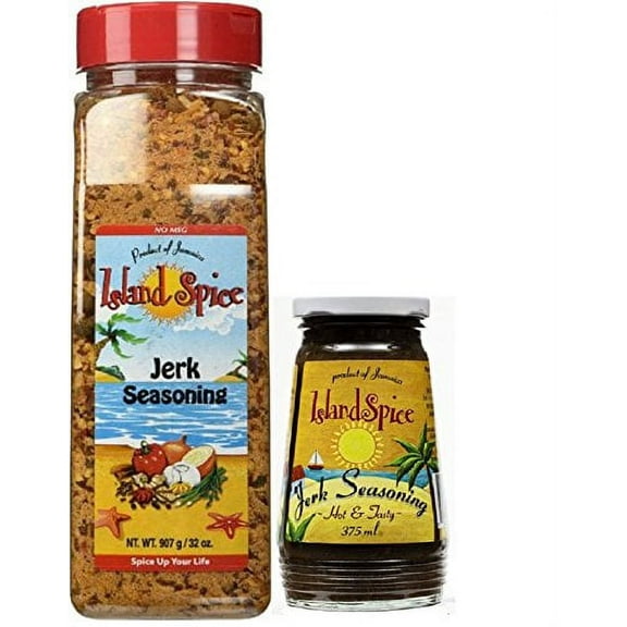 Island Spice Jamaican Jerk Seasoning Bundle: Jerk Seasoning 32oz Restaurant Size, Jerk Seasoning Marinade Hot & Tasty 12oz