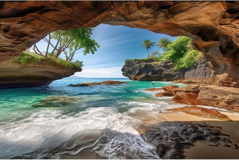 Island Stone Cave Backdrop Summer Tropical Ocean Bay Beach Natural Sea ...