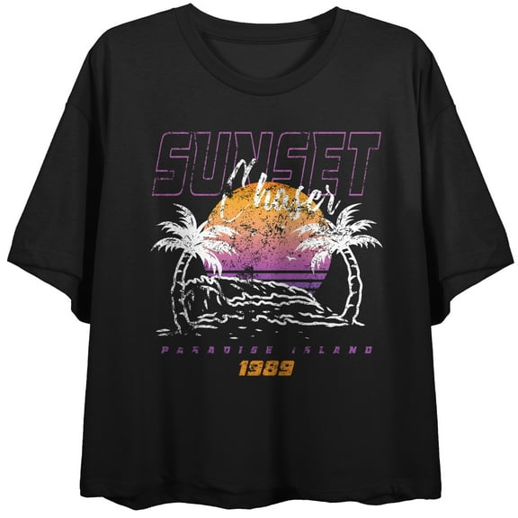Island Sunset Crew Neck Short Sleeve Women's Black Crop Top 
-Medium