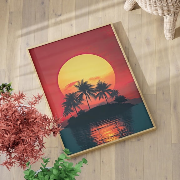 Island Sunset Reflection Wall Art, Tropical Coastal Landscape Decor, Unframed Paper Print Size 8x12