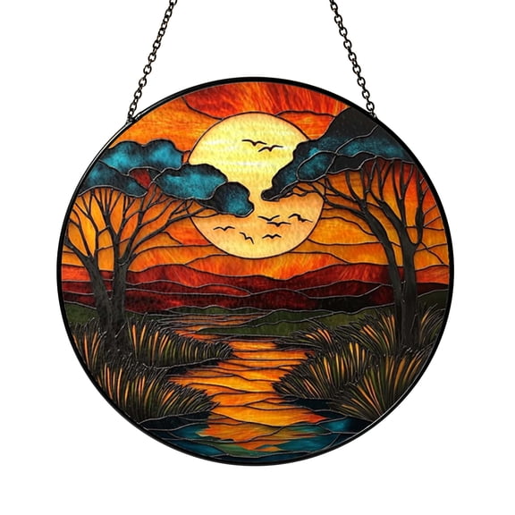 Island Sunset Stained Glass Style Suncatcher Round Window Hanging Decor