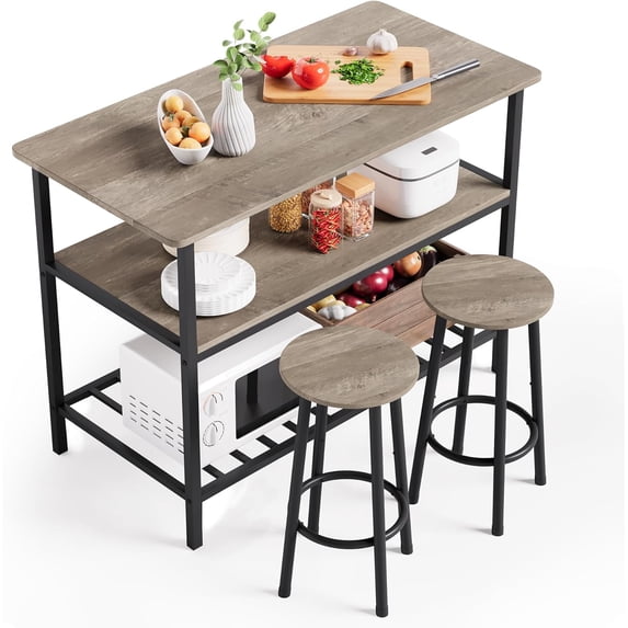 Island Table with Seating and Storage, Stationary Kitchen Storage Islands with 3 Shelves, Wooden Counter Height Table Top with 2-Piece Chairs, Bar Table Set for Small Space,Grey