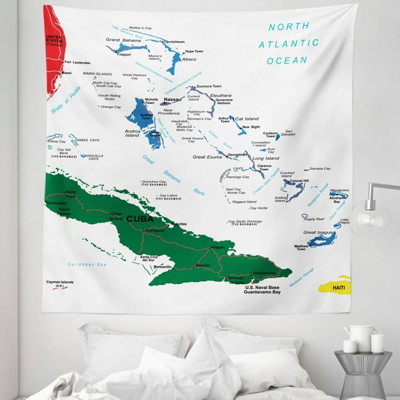 Island Tapestry, Bahamas Map Beach Cayman Islands Geography District Holiday Tourism, Fabric Wall Hanging Decor for Bedroom Living Room Dorm, 5 Sizes, Hunter Green Blue Red, by Ambesonne