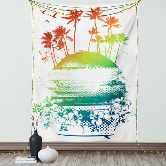 Island Tapestry, Grunge Style Artsy Inky Colorful Summer Scenery with Palms and Hawaiian Hibiscus Flowers, Wall Hanging for Bedroom Living Room Dorm Decor, 40W X 60L Inches, Multi, by Ambesonne