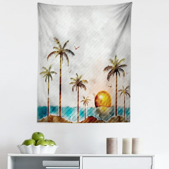 Island Tapestry, Tropical Landscape in Watercolor Style Palm Trees Ocean Waves Sunset Beach Picture, Fabric Wall Hanging Decor for Bedroom Living Room Dorm, 5 Sizes, Multicolor, by Ambesonne