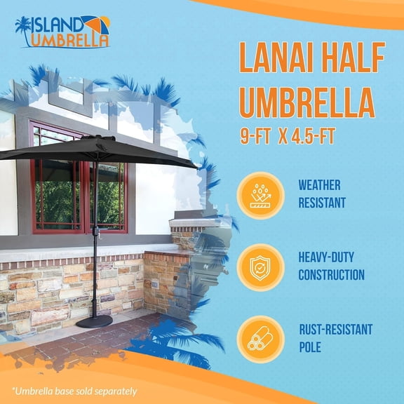 Umbrella Lanai 9 ft Outdoor Half Umbrella for Wall Spaces, , Balcony – with Crank Lift, Wind Vent, Fade & Water-Resistant Polyester Canopy, Powder-Coated Steel Pole & 5-Rib Frame – Black