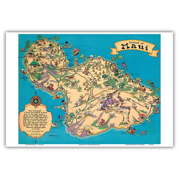 Island of Maui Hawaii - Vintage Pictorial Map by Ruth Taylor White c.1941 - Master Art Print (Unframed) 13in x 19in