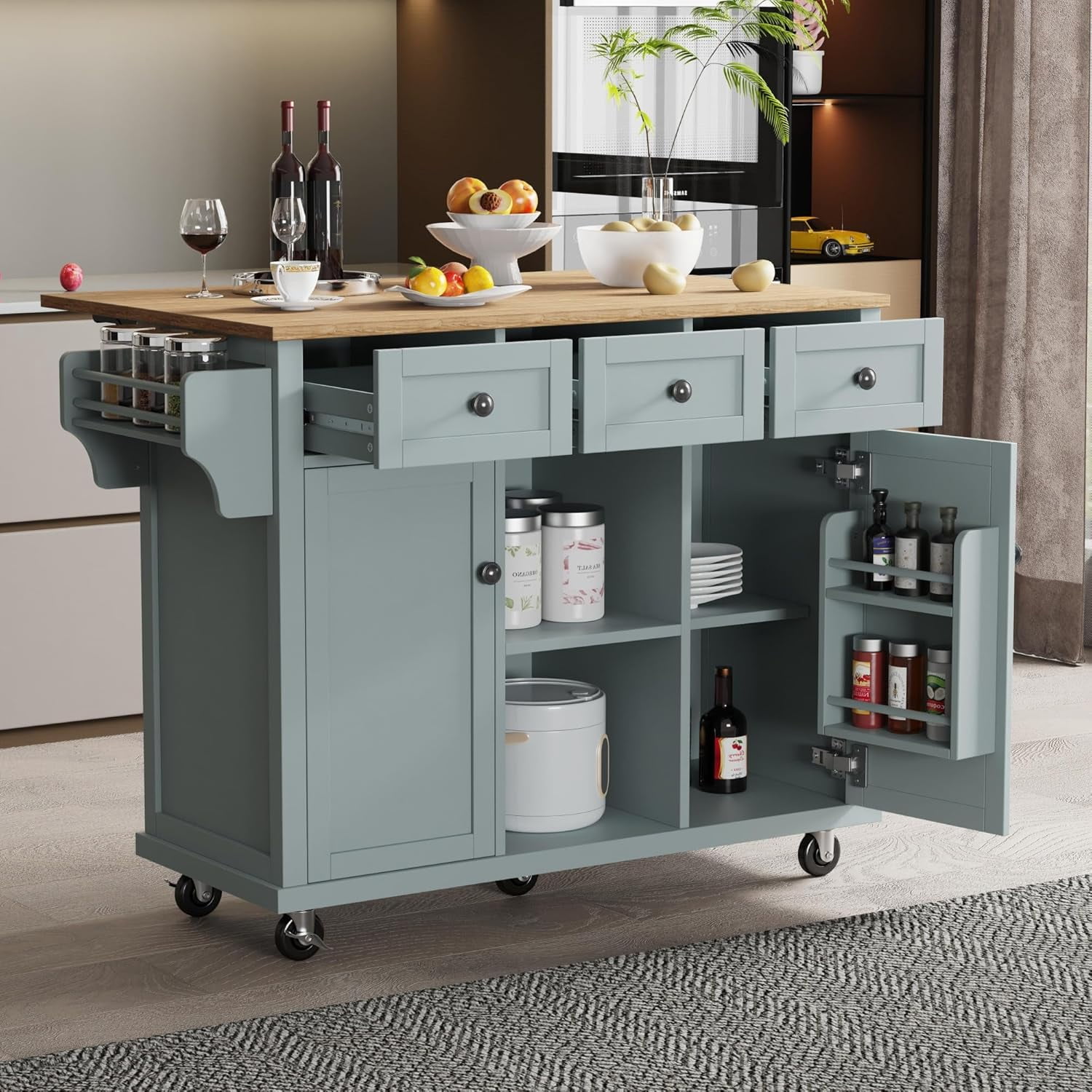 Moveable Isle Racks Island with Storage Rolling Cart with Drop Leaf Mobile Island on ...